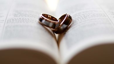 Two wedding rings lying on an open Bible symbolizing faithfulness and not adultery