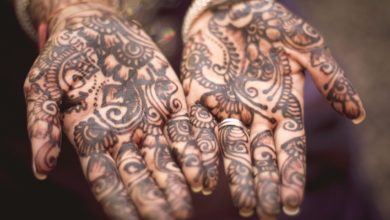Two hand palms with brown tattoos