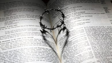 Ein Dornenkranz auf einer aufgeschlagenen Bibel mit Bibelversen, dessen Schatten ein Herz formt, das für die Liebe steht