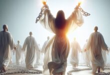 People in white robes being freed from their chains which shows that it is possible to stop sinning according to the Bible