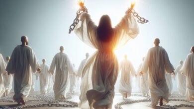 People in white robes being freed from their chains which shows that it is possible to stop sinning according to the Bible